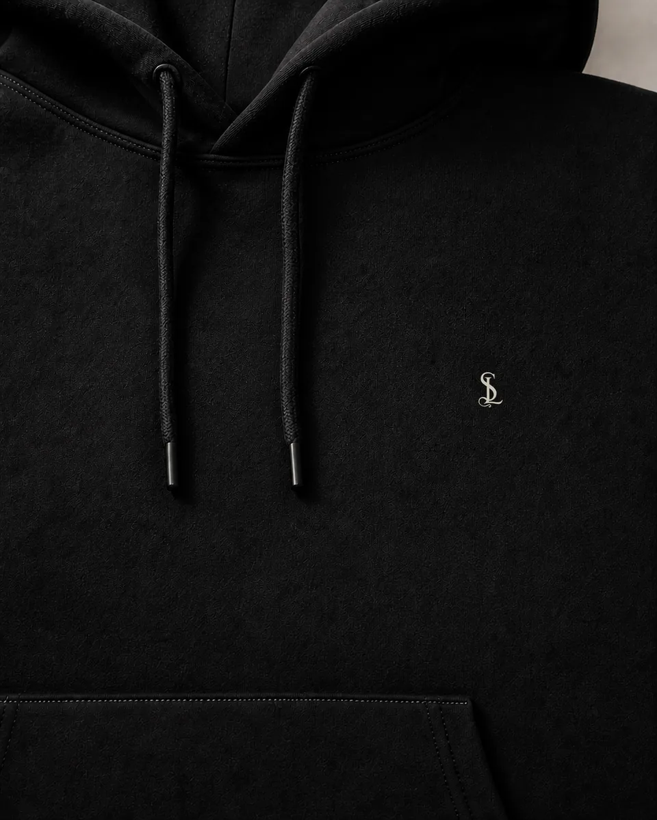 Essential Hoodie in Ink black, hood and monogram detail