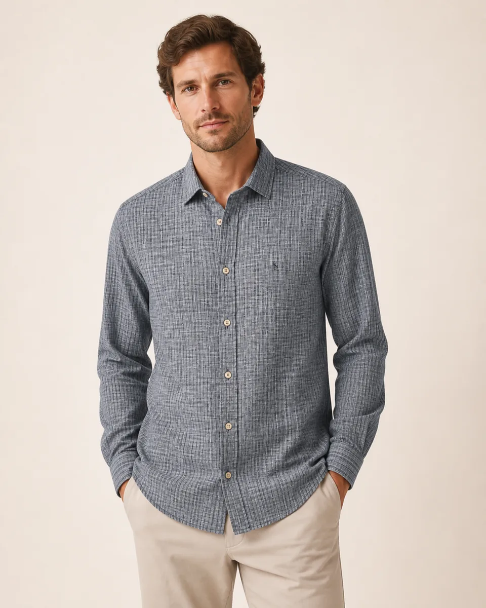 Blue-Gray Check Shirt, on model studio