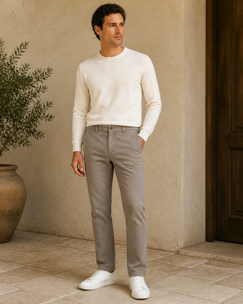 Taupe Chino, front model lifestyle