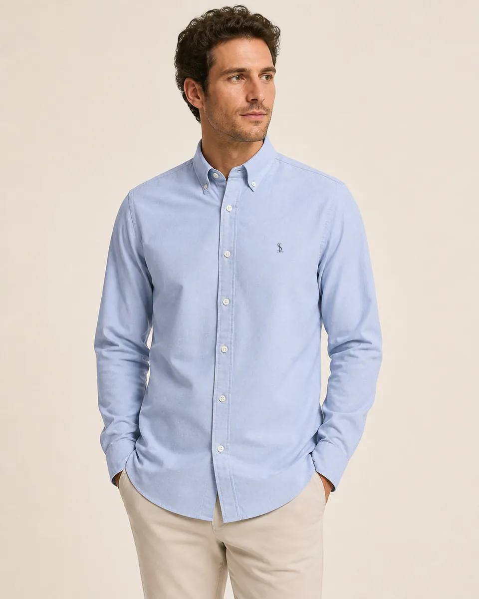 Pale-Blue Dress Shirt, on model studio