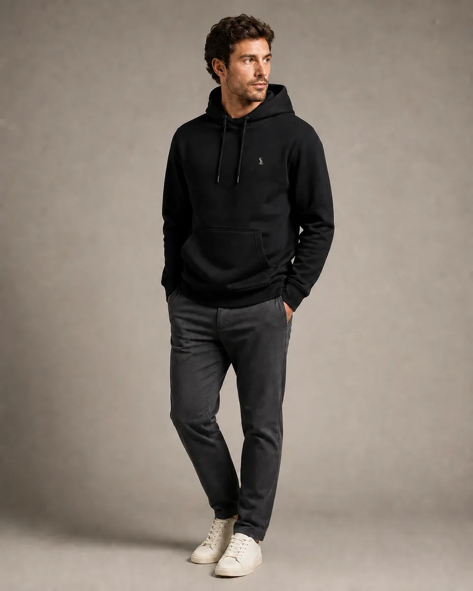 Essential Hoodie in Ink black, on-model studio view