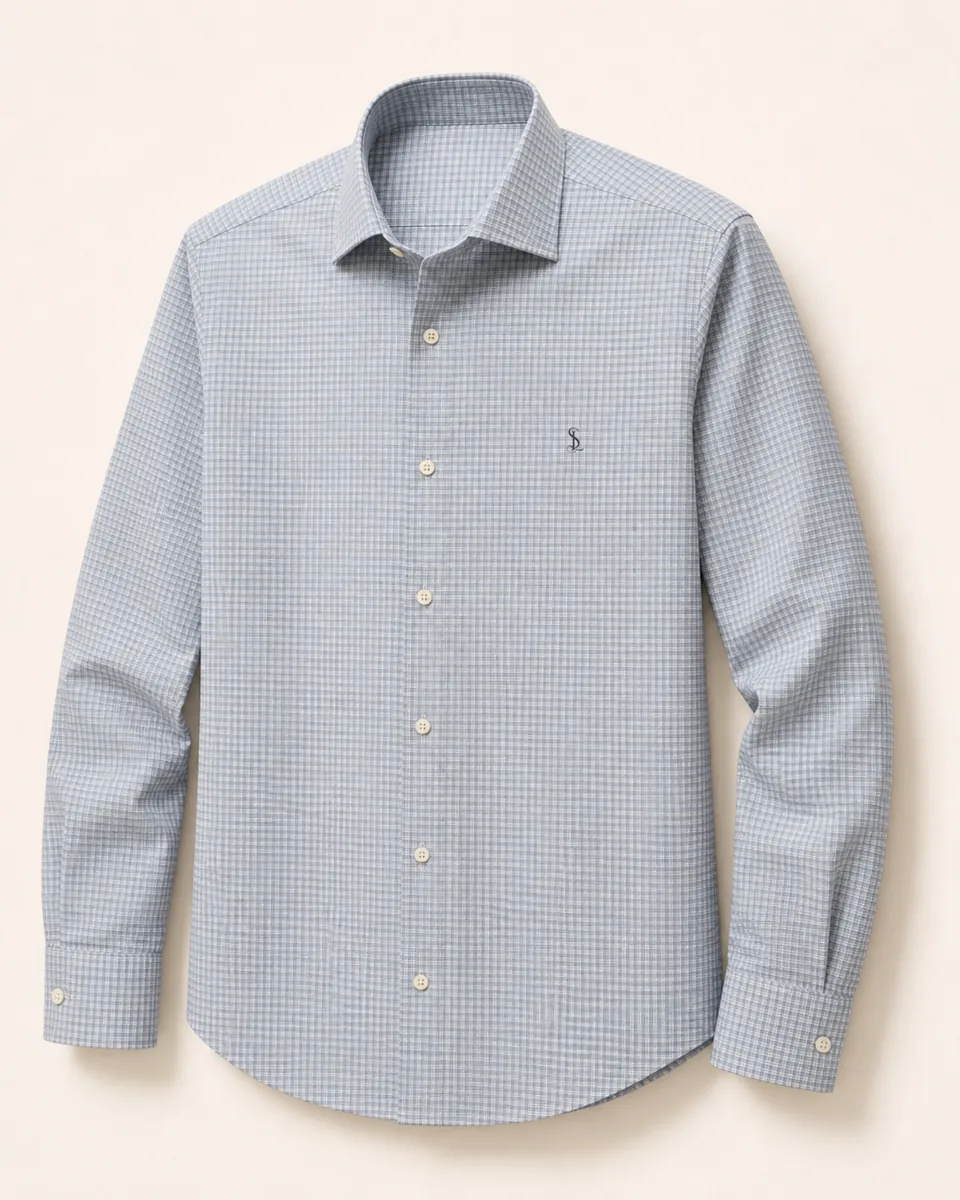 Gray-Blue Micro-Check Shirt, three quarter catalog