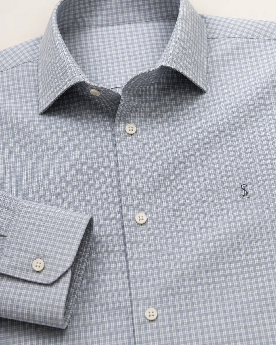 Gray-Blue Micro-Check Shirt, detail collar cuff monogram