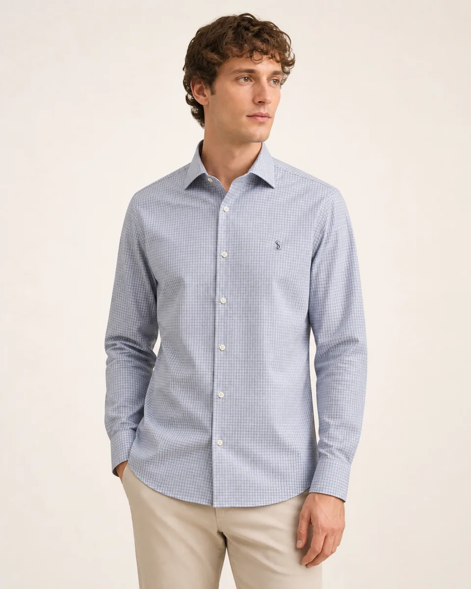 Gray-Blue Micro-Check Shirt, on model studio