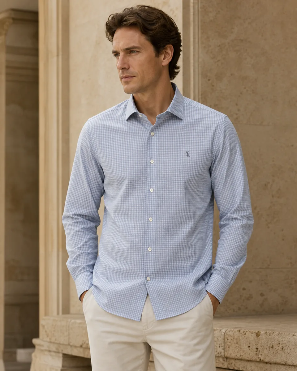 Gray-Blue Micro-Check Shirt, lifestyle campaign