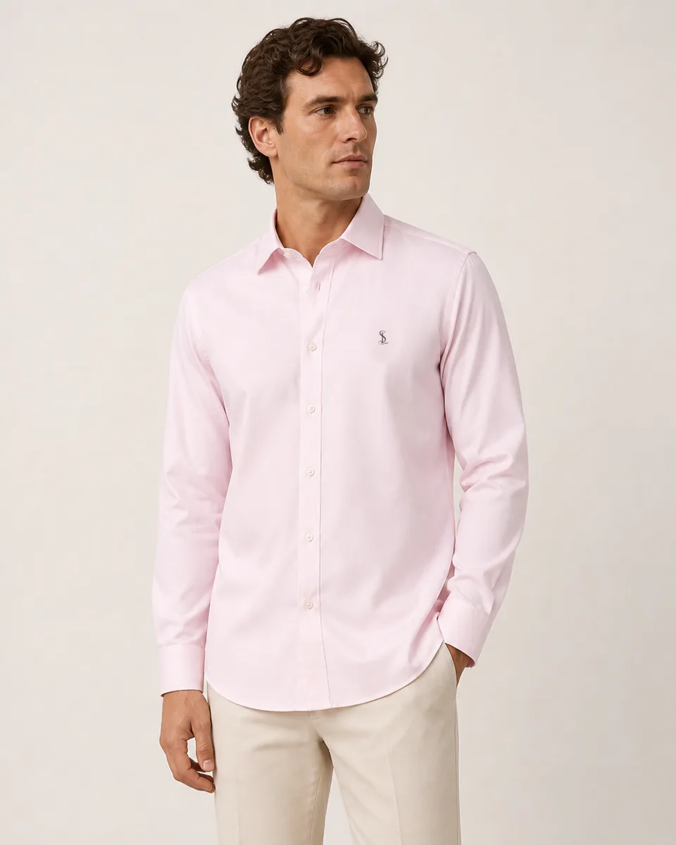 Pale-Pink Dress Shirt, on model studio
