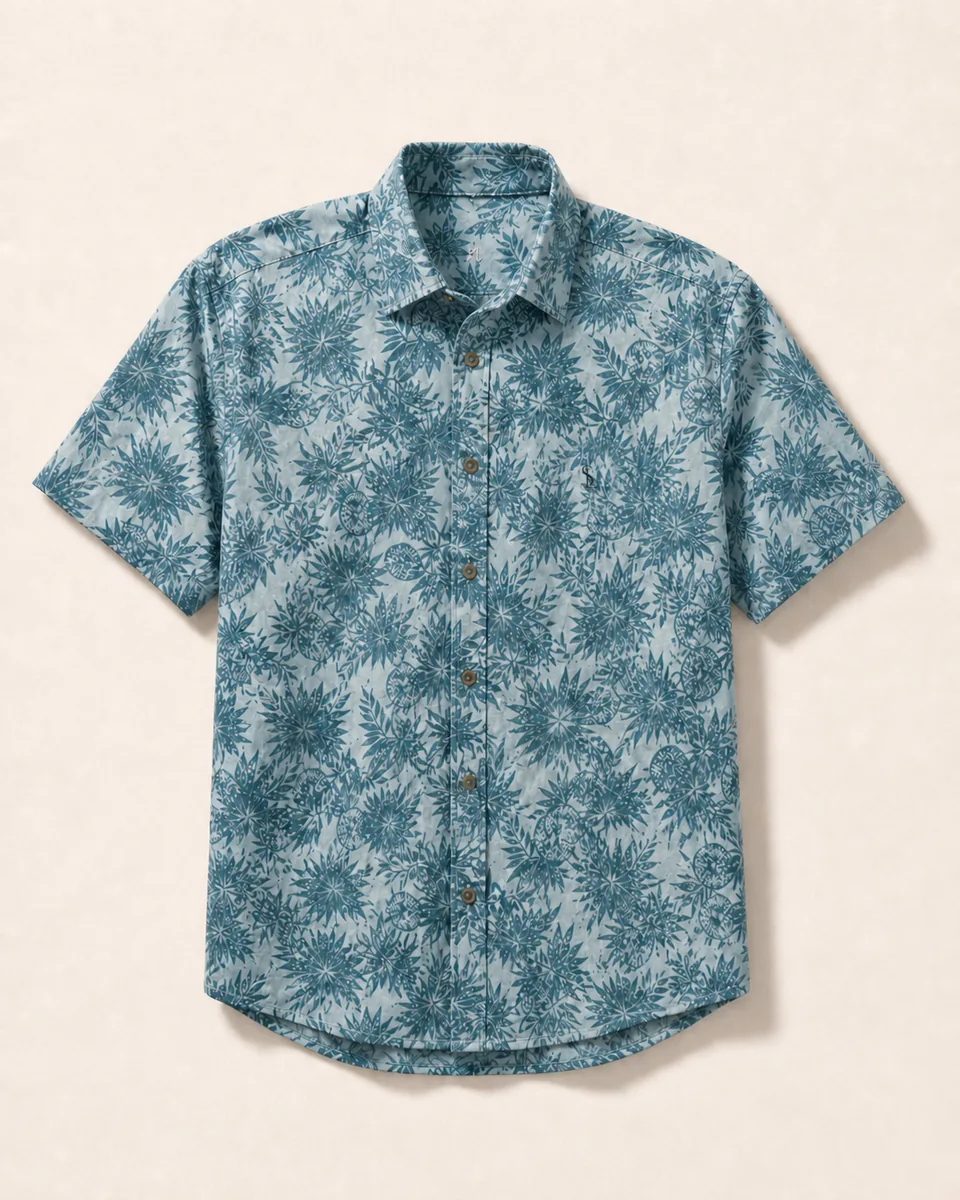 Teal Floral Shirt, three quarter catalog