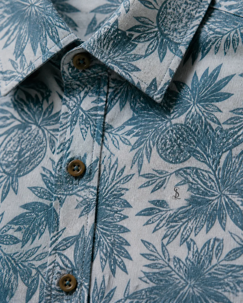 Teal Floral Shirt, detail collar monogram print