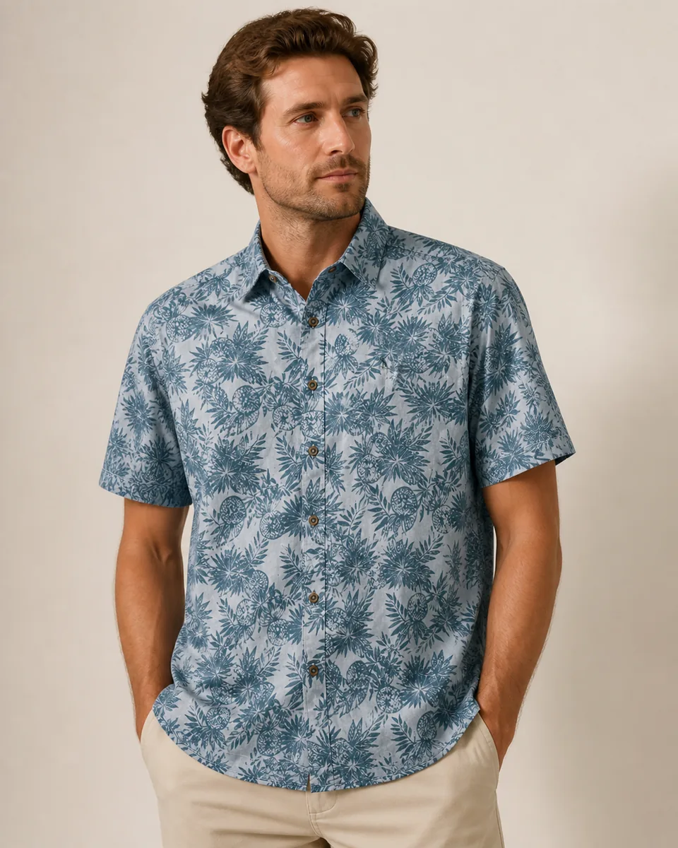 Teal Floral Shirt, on model studio