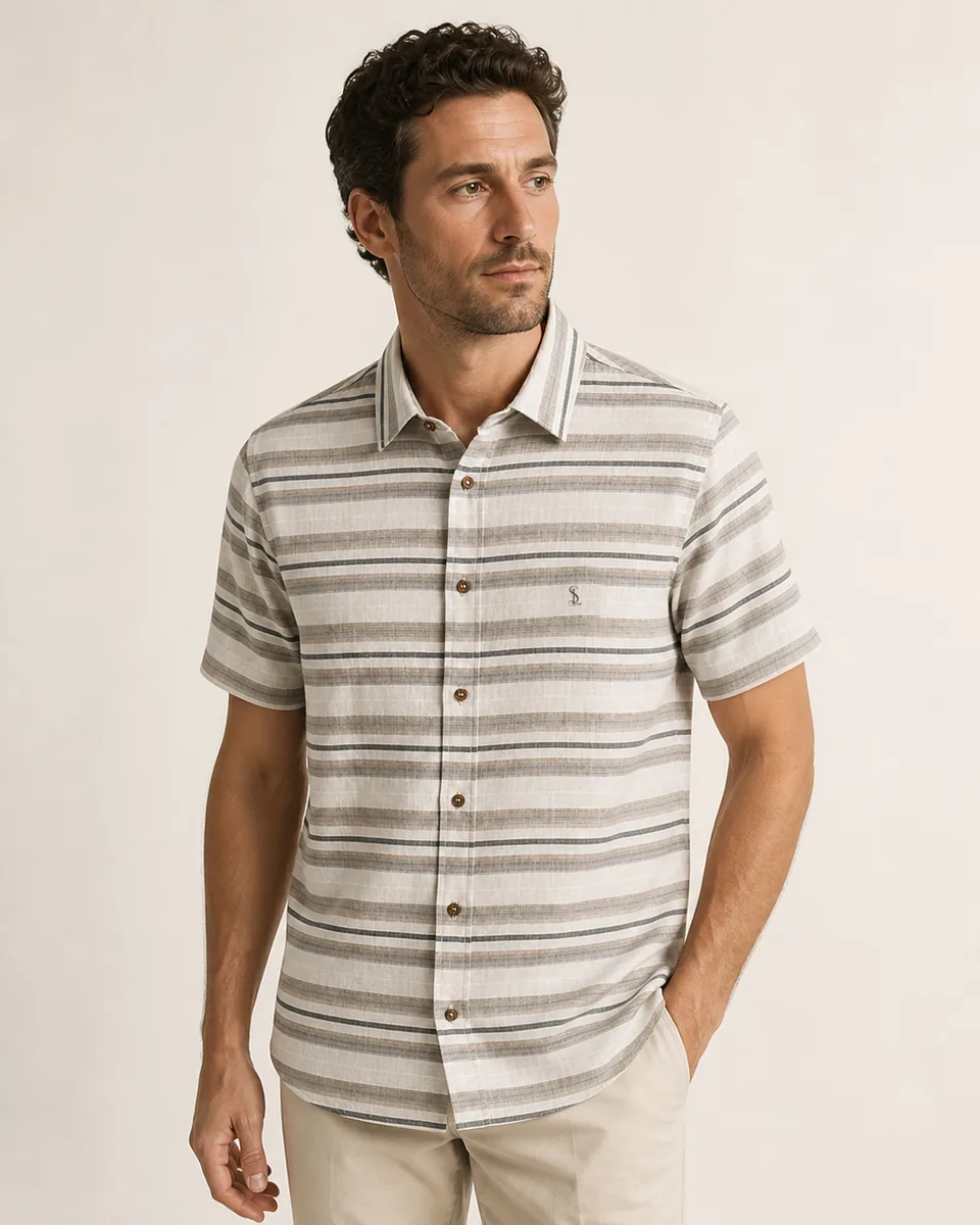 Striped Short-Sleeve Shirt, on model studio