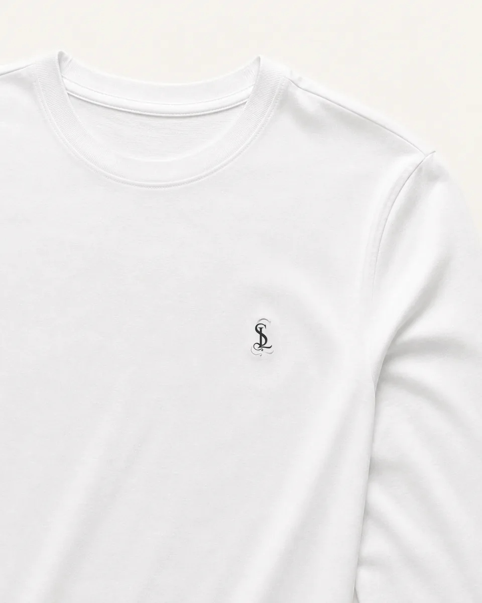 Snow White Long-Sleeve Crewneck Tee, Detail Neck Logo Fabric