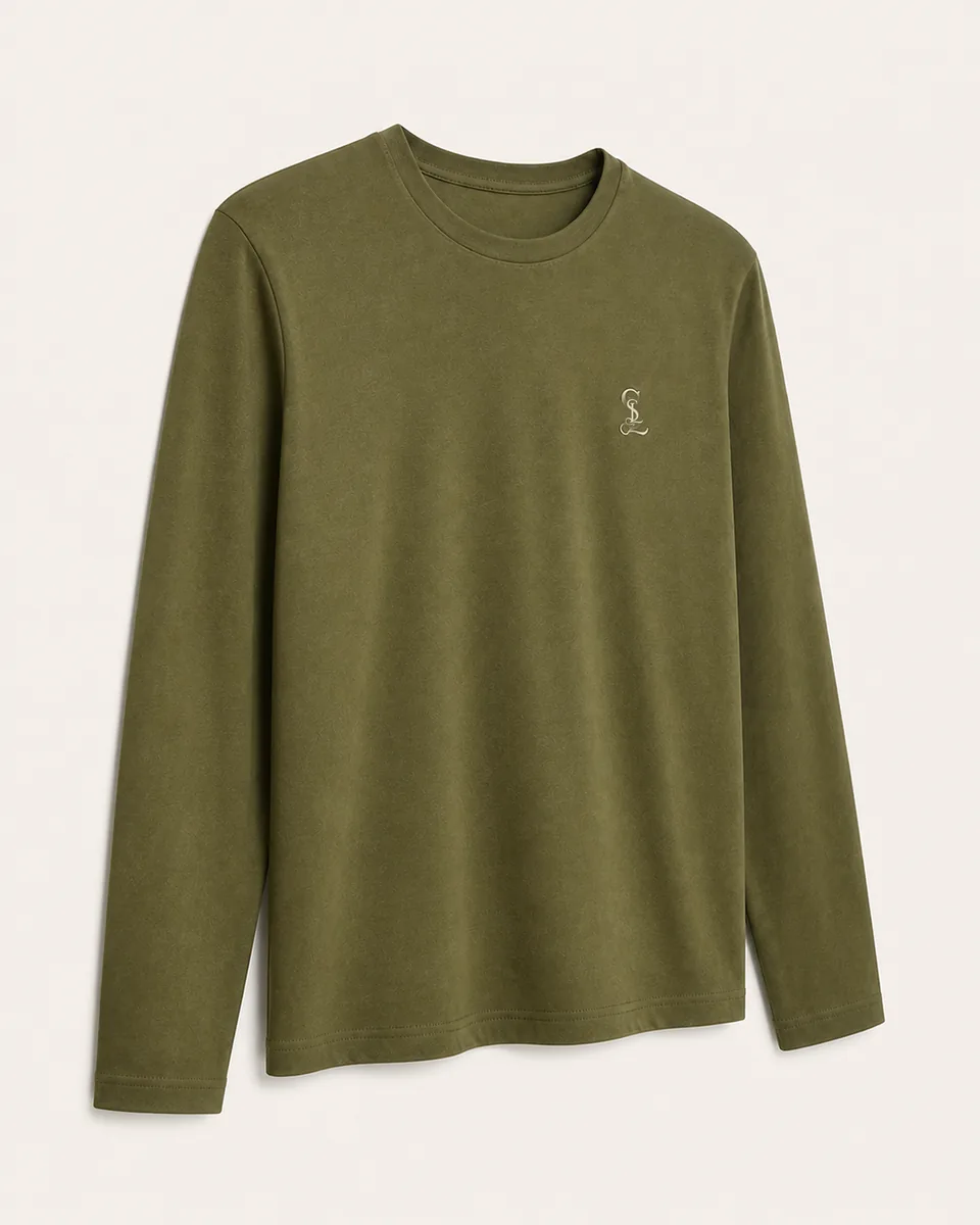 Military Olive Long-Sleeve Crewneck Tee, Three Quarter Catalog