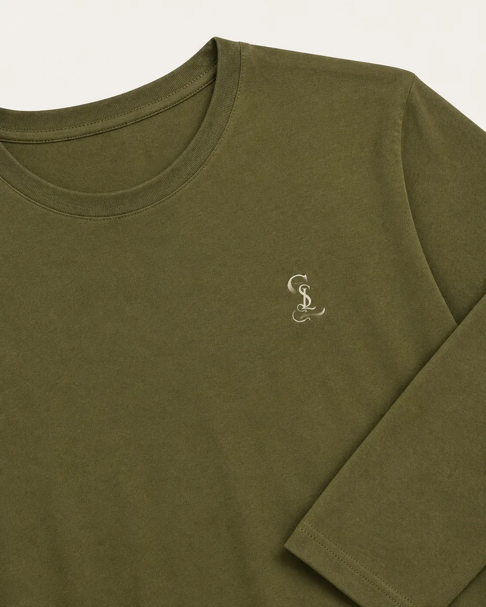 Military Olive Long-Sleeve Crewneck Tee, Detail Neck Logo Fabric