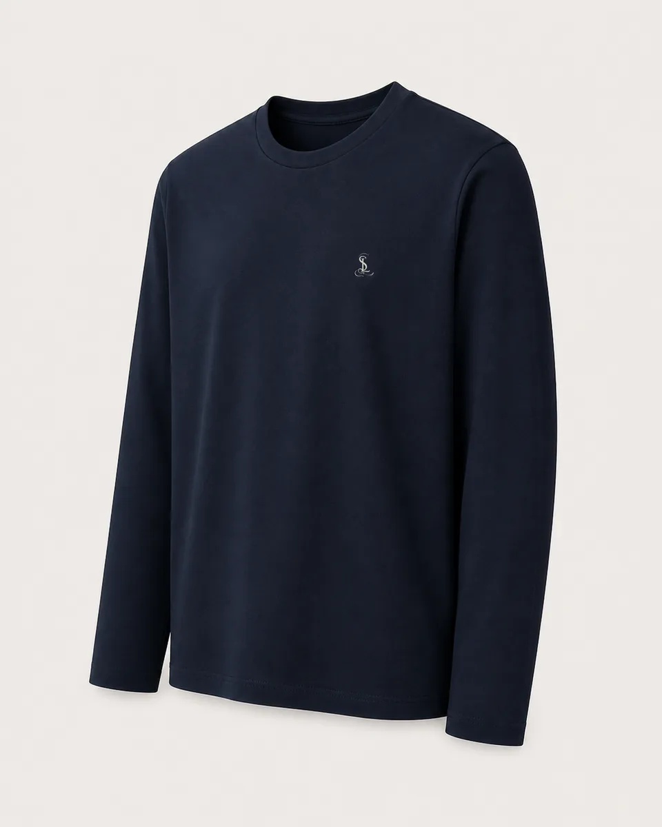 Deep-Navy Long-Sleeve Crewneck Tee, Three Quarter Catalog