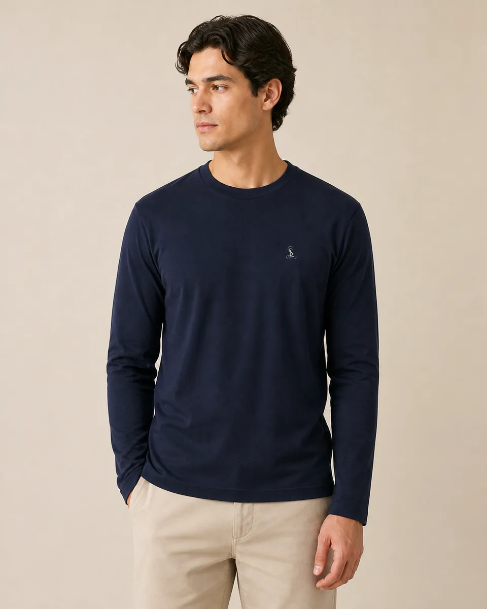 Deep-Navy Long-Sleeve Crewneck Tee, On Model Studio
