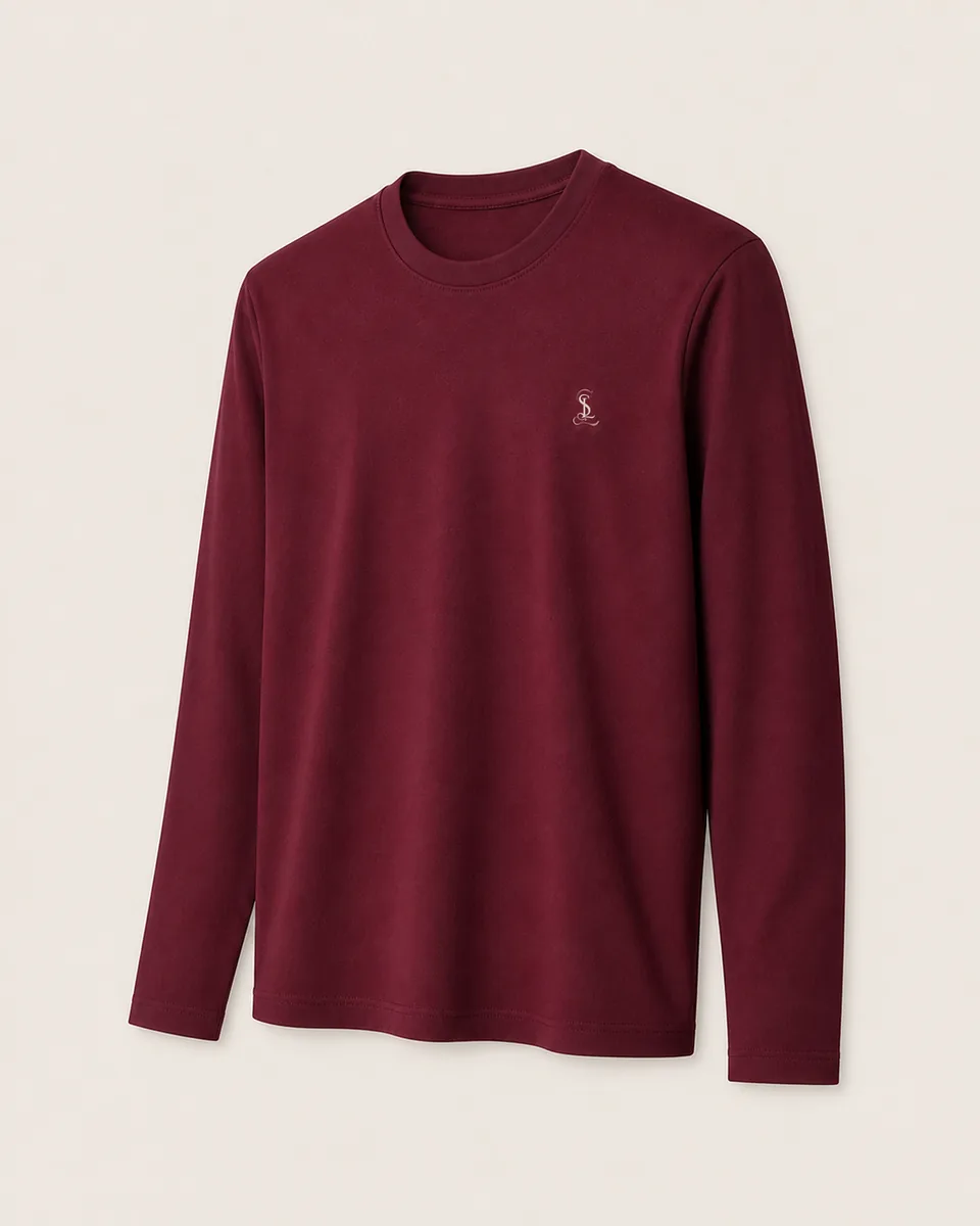 Burgundy Long-Sleeve Crewneck Tee, Three Quarter Catalog