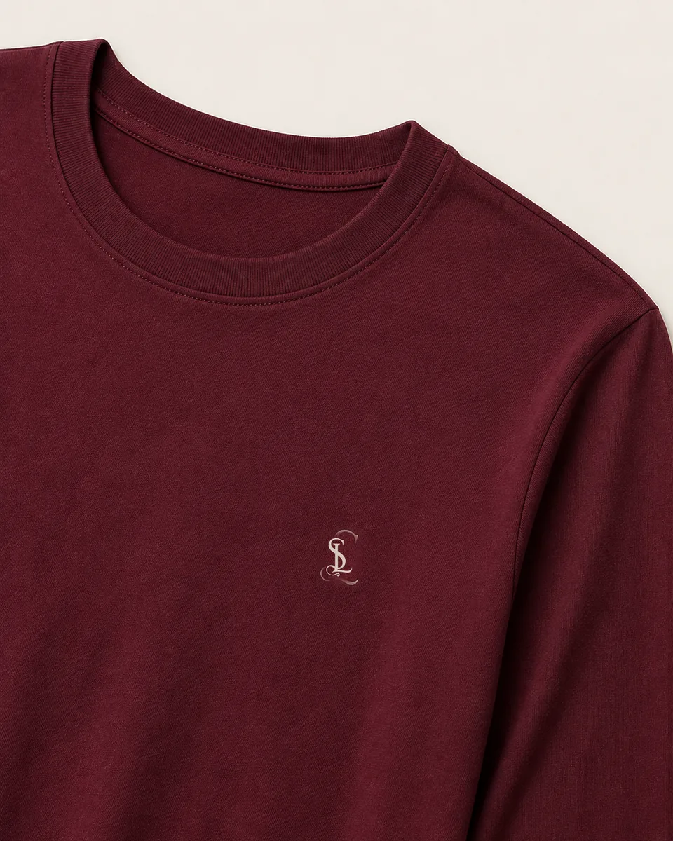 Burgundy Long-Sleeve Crewneck Tee, Detail Neck Logo Fabric