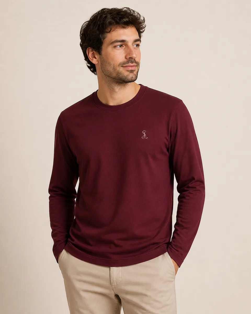 Burgundy Long-Sleeve Crewneck Tee, On Model Studio