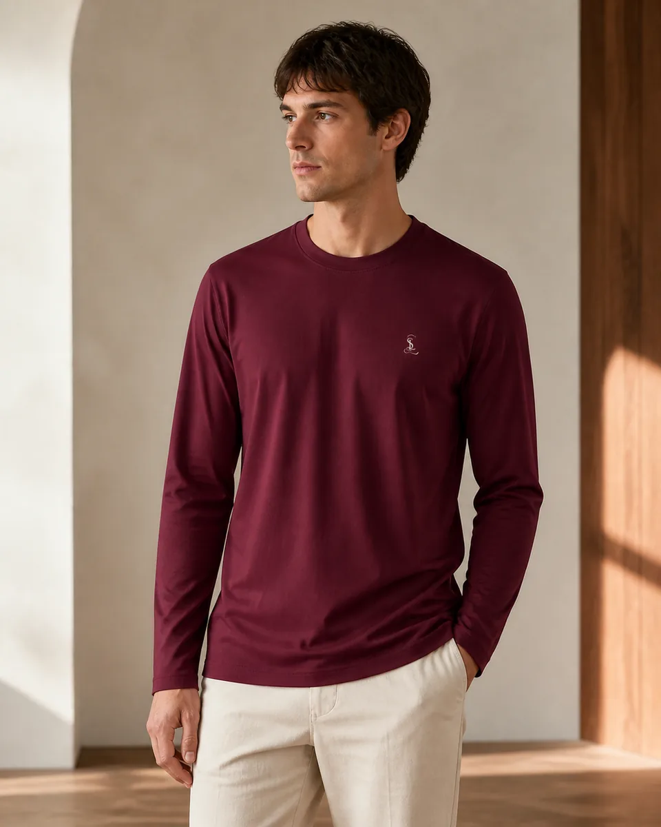 Burgundy Long-Sleeve Crewneck Tee, Lifestyle Campaign