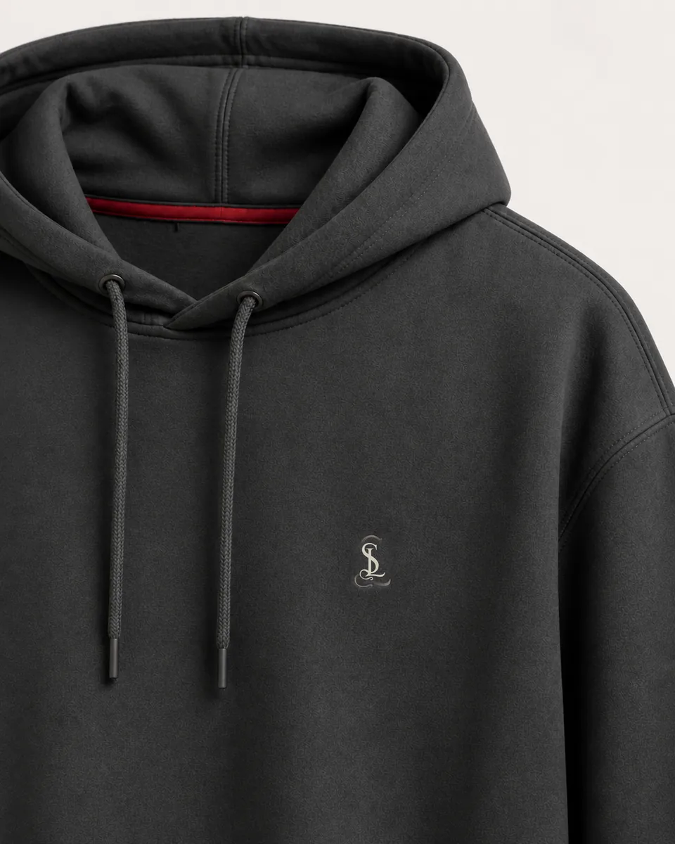 Charcoal-Grey Pullover Hoodie, Detail Logo Fabric