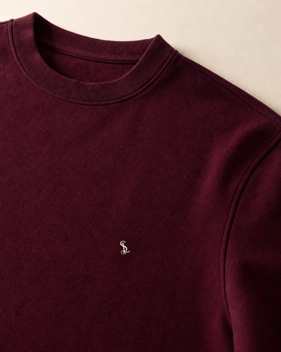 Signature Crewneck in Wine burgundy, neck and monogram detail