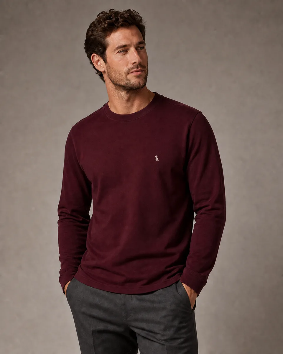 Signature Crewneck in Wine burgundy, on-model studio view