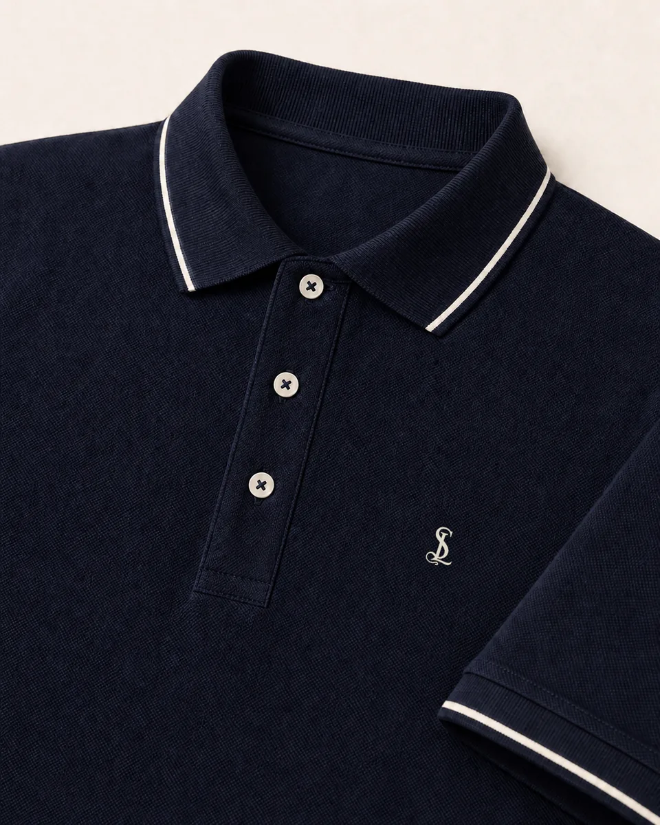 Piped Polo in Midnight navy, collar and placket detail