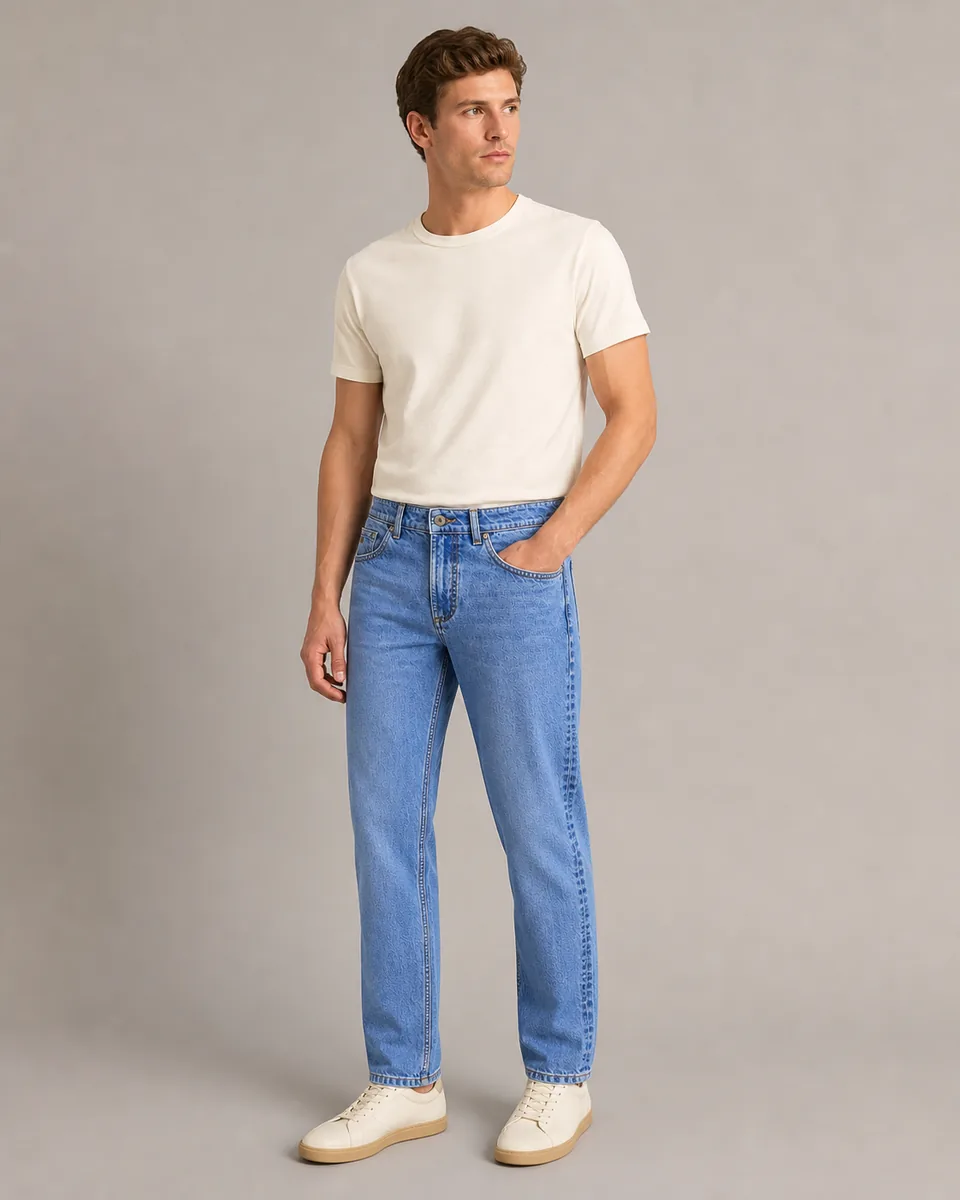 Straight-Leg Jean in Medium light wash, on-model studio view