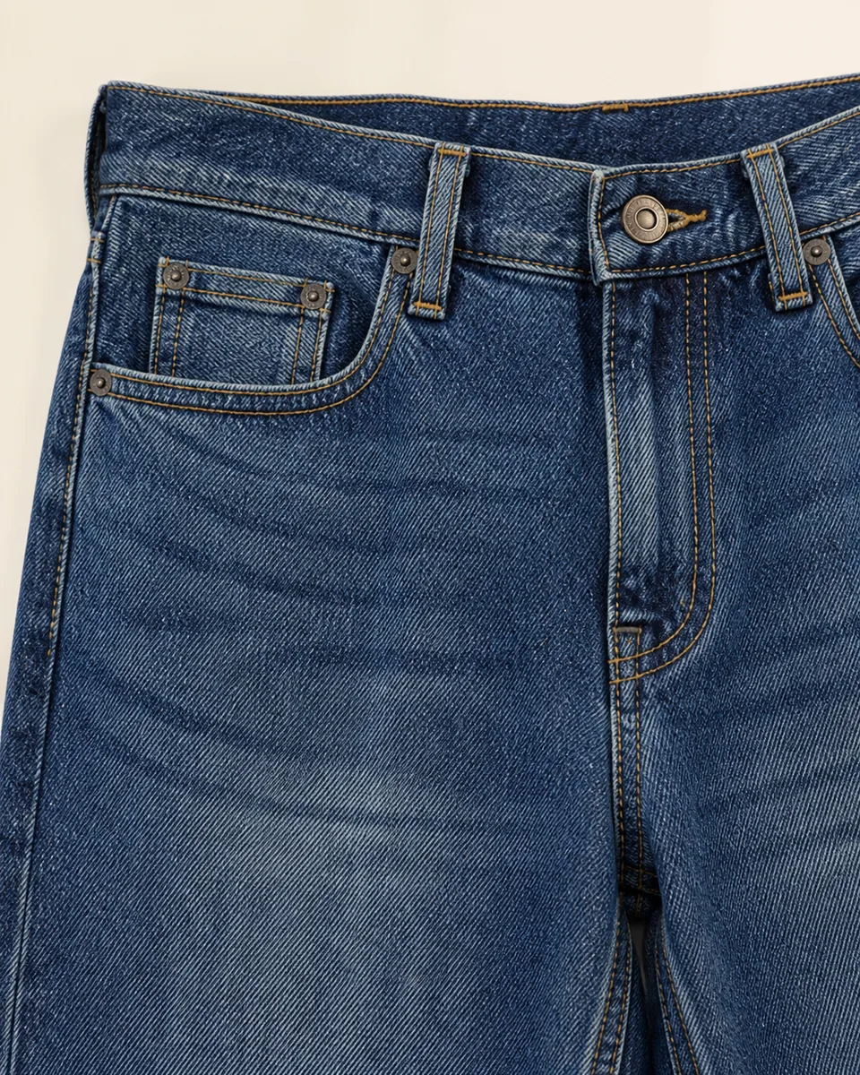 Medium-Blue 5 PKT Denim Long Pant, Detail Waist Pocket Wash