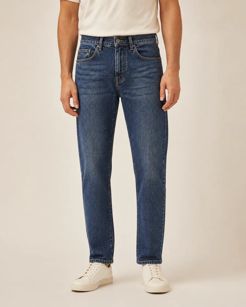 Medium-Blue 5 PKT Denim Long Pant, On Model Studio