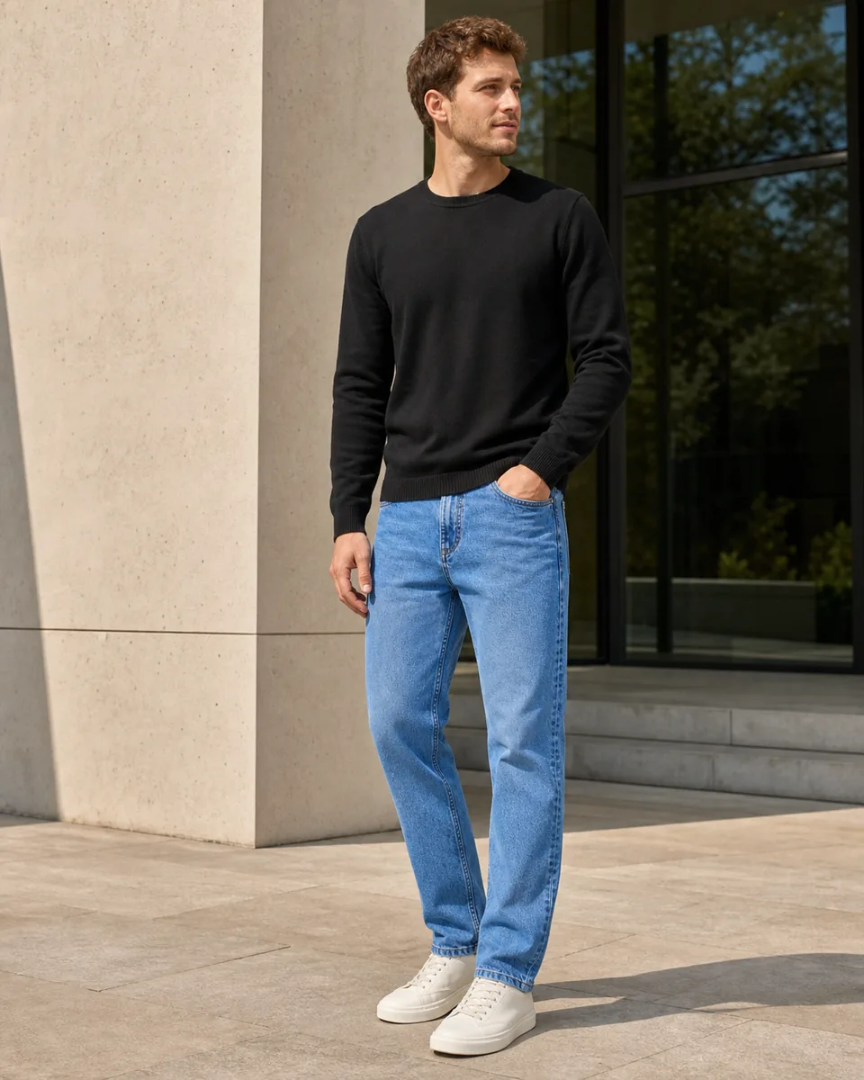 Straight-Leg Jean in Medium light wash, lifestyle campaign view