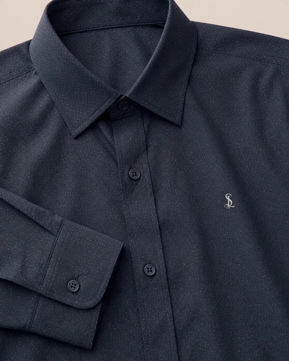 White-Blue Printed Long-Sleeve Shirt, Detail Collar Cuff Logo