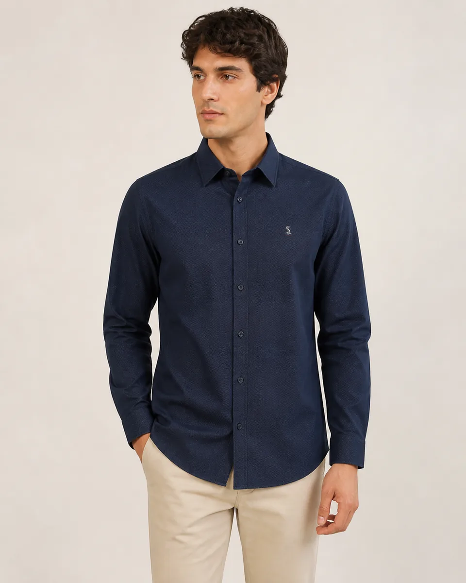 White-Blue Printed Long-Sleeve Shirt, On Model Studio