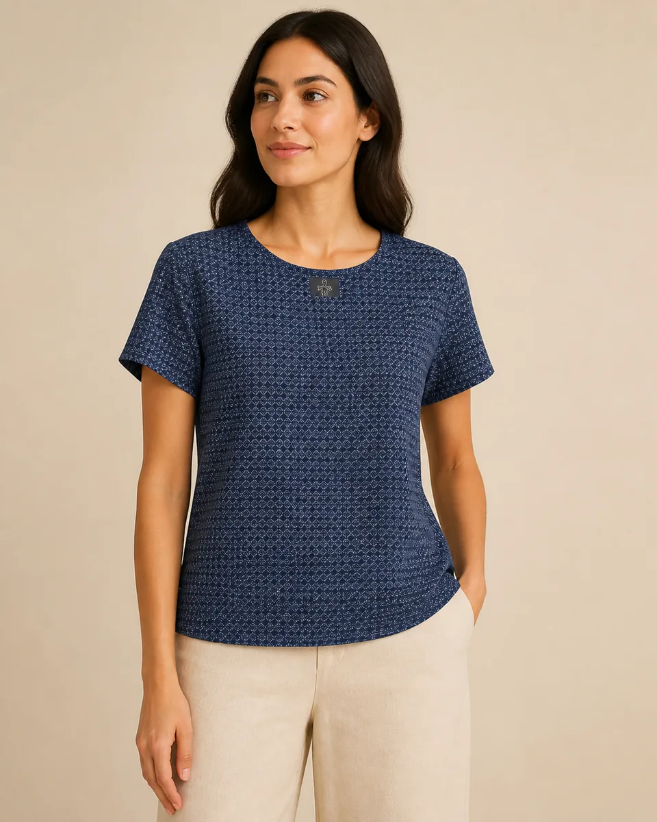 Digital AOP Short-Sleeve Shirt — D034 — Navy Microprint, On Model Studio