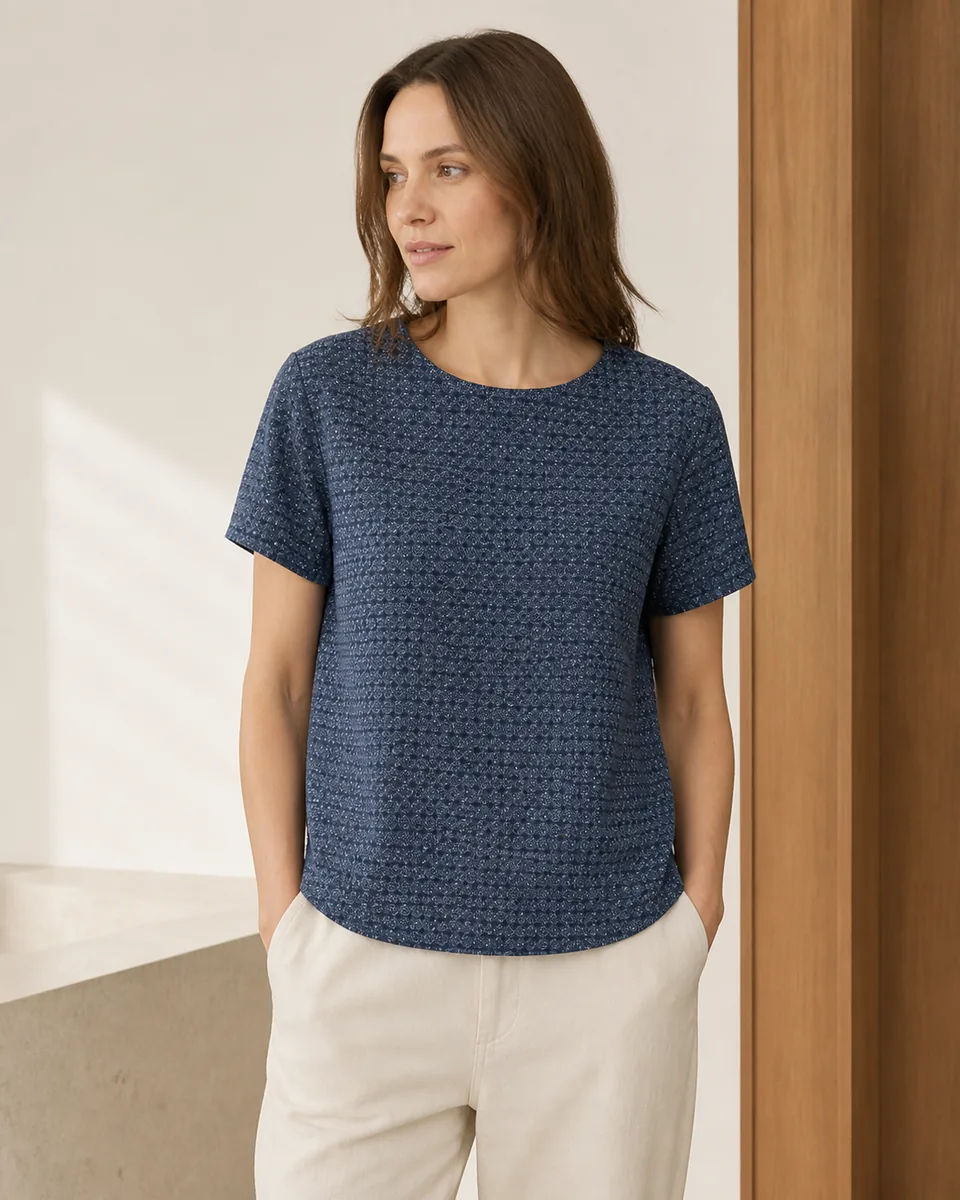 Digital AOP Short-Sleeve Shirt — D034 — Navy Microprint, Lifestyle Campaign