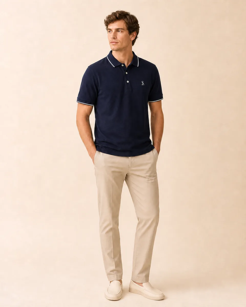 Piped Polo in Midnight navy, on-model studio view