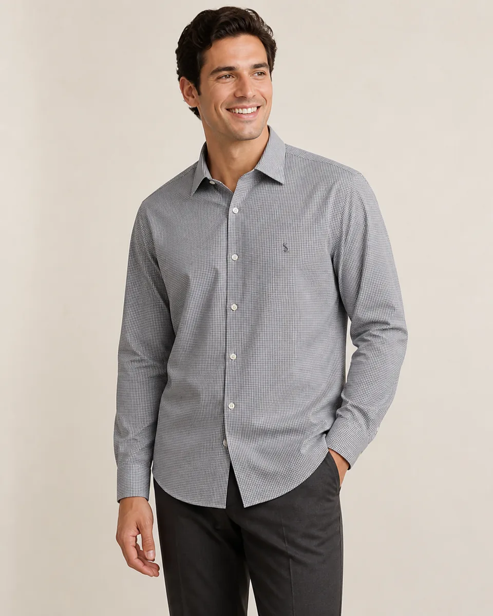 Micro-Check Dress Shirt, on model studio