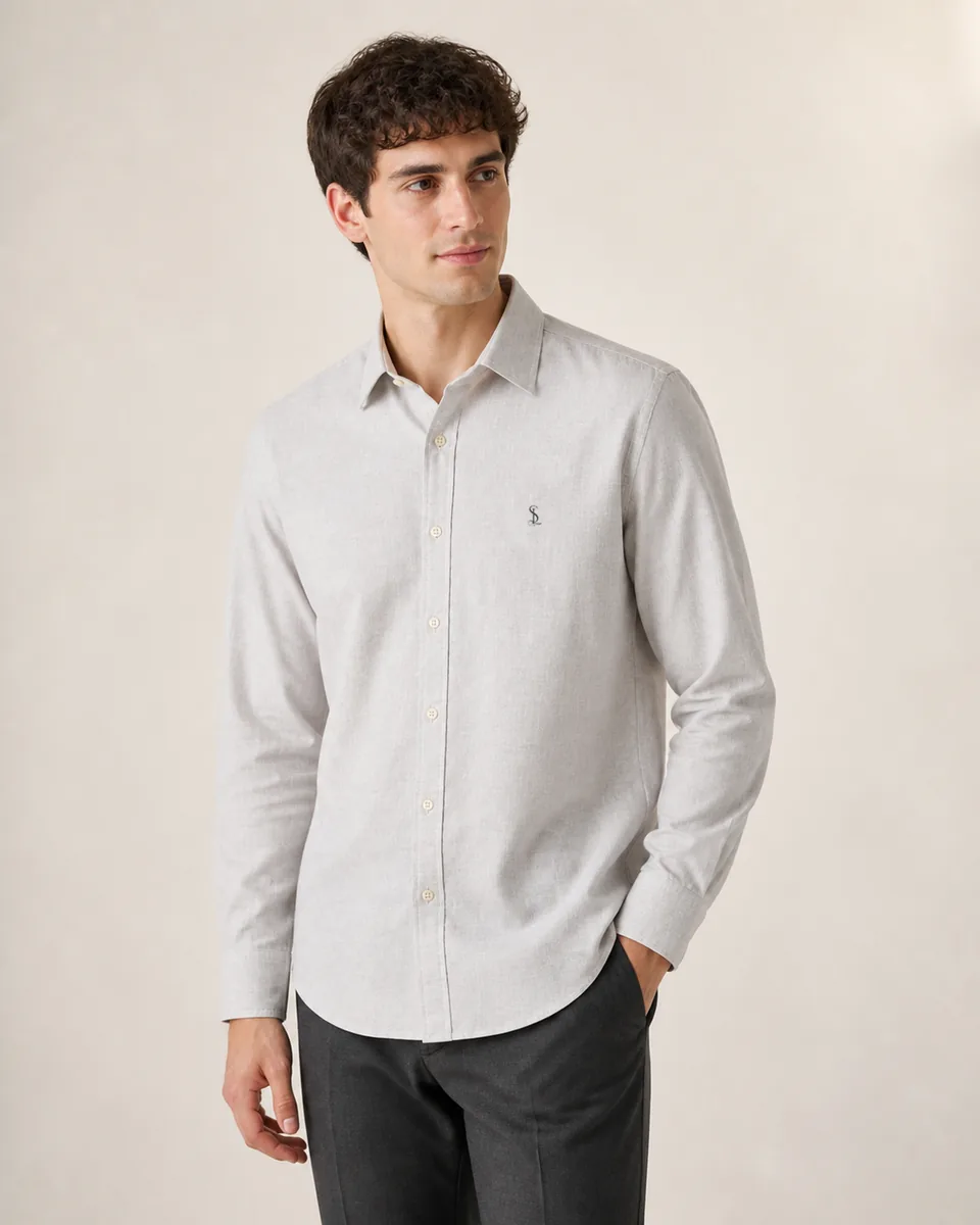 Pale-Gray Button-Down, on model studio