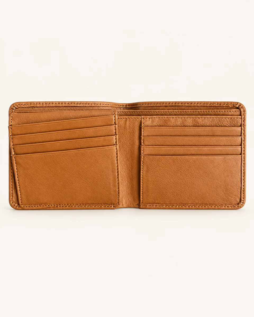 Tan leather bifold wallet opened to show card slots and note compartment
