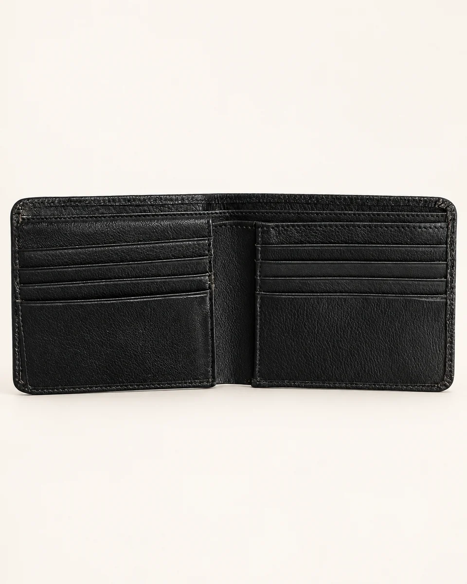 Black leather bifold wallet opened to show card slots and note compartment