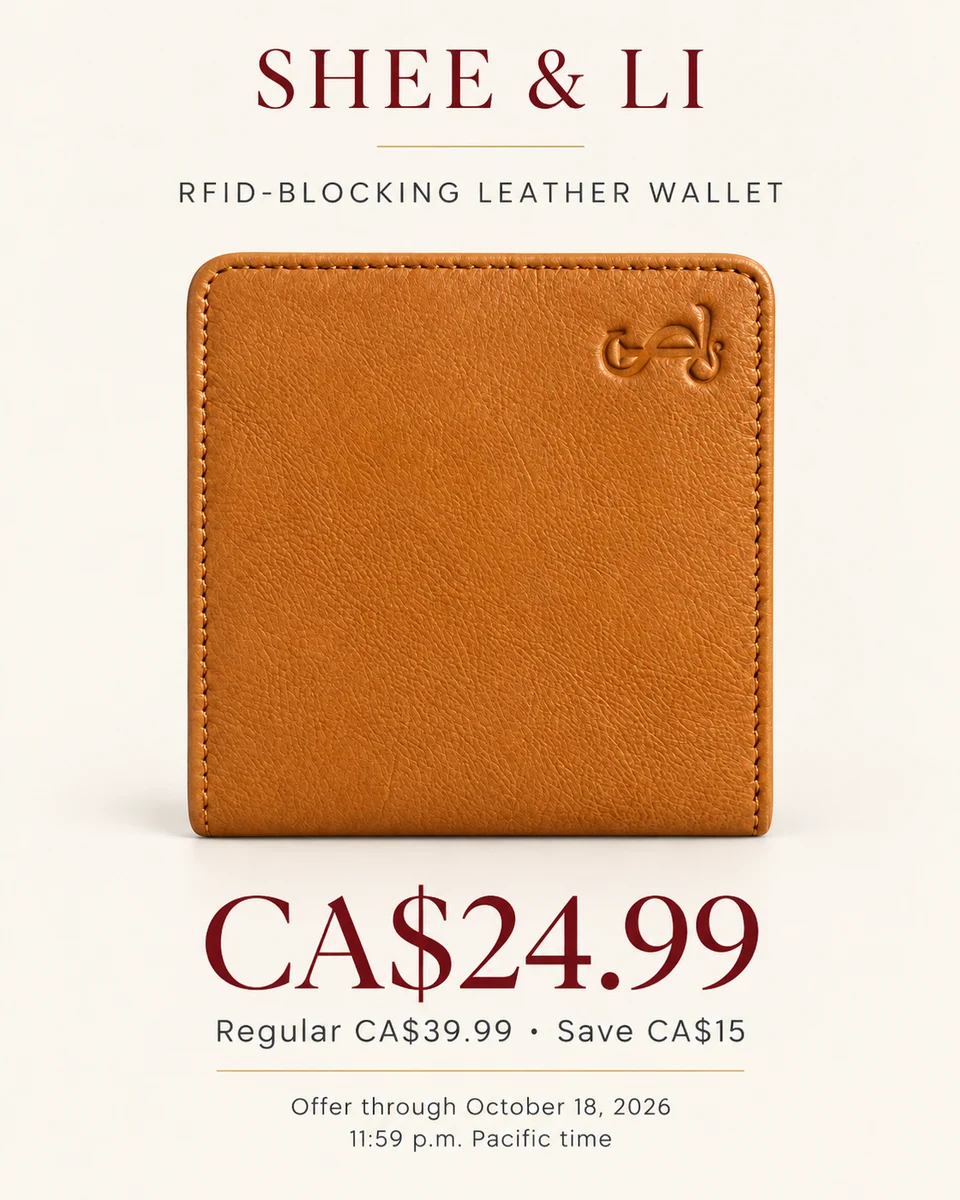 Wallet promotion through October 18, 2026: Tan RFID-blocking leather wallet, CA$24.99; regular CA$39.99