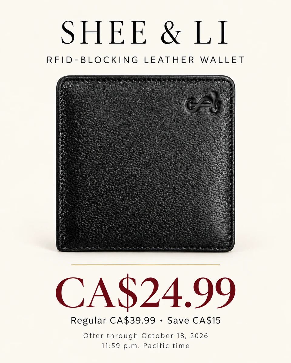 Wallet promotion through October 18, 2026: Black RFID-blocking leather wallet, CA$24.99; regular CA$39.99