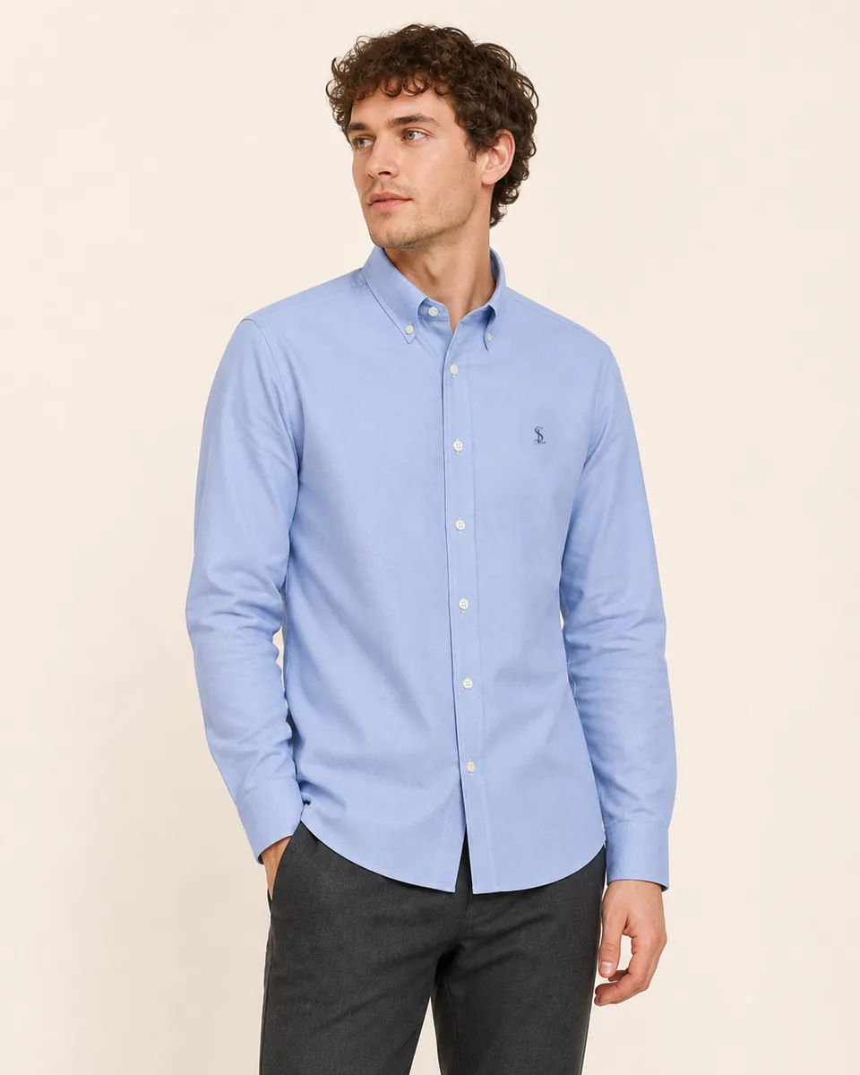 Light-Blue Button-Down, on model studio