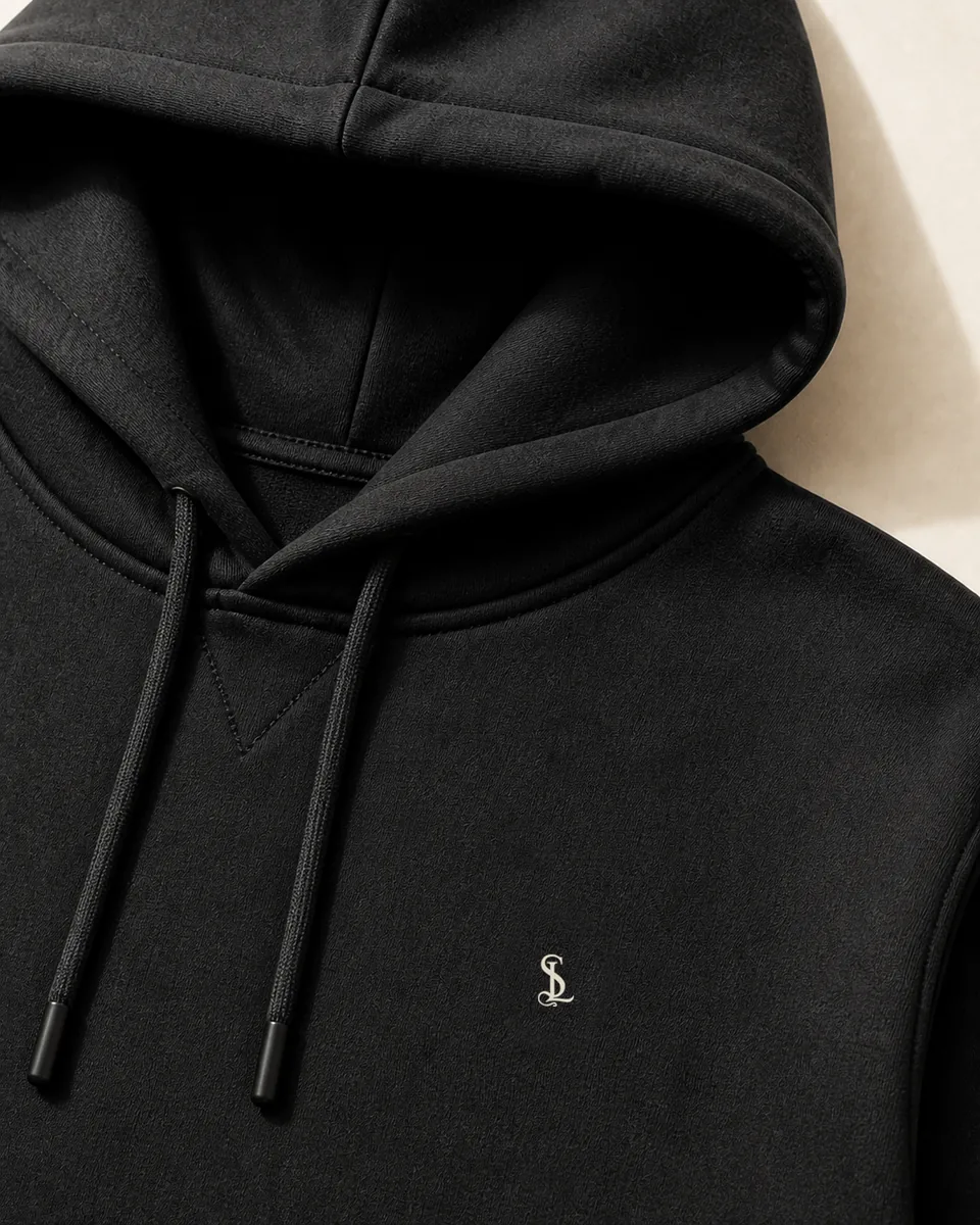 Charcoal Pullover Hoodie, detail hood monogram