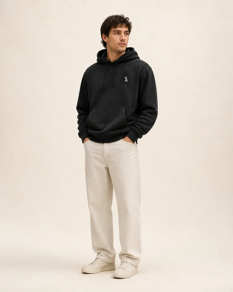 Charcoal Pullover Hoodie, on model studio