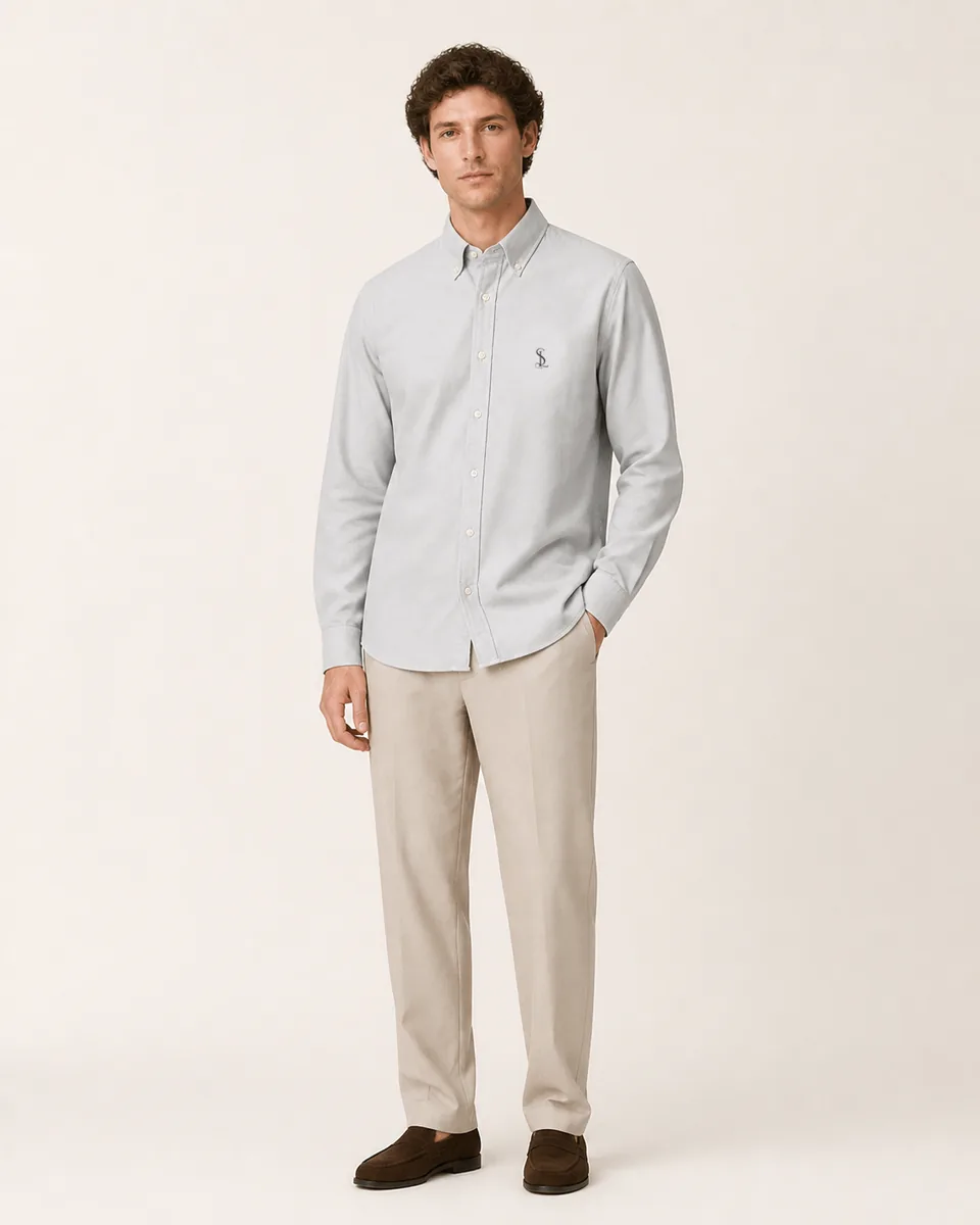 Light-Gray Button-Down, on model studio