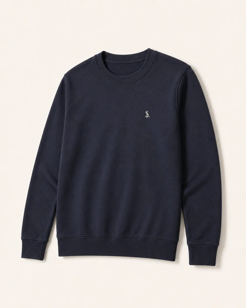 Navy Crewneck, three quarter catalog