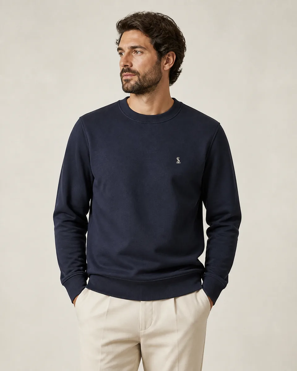 Navy Crewneck, on model studio