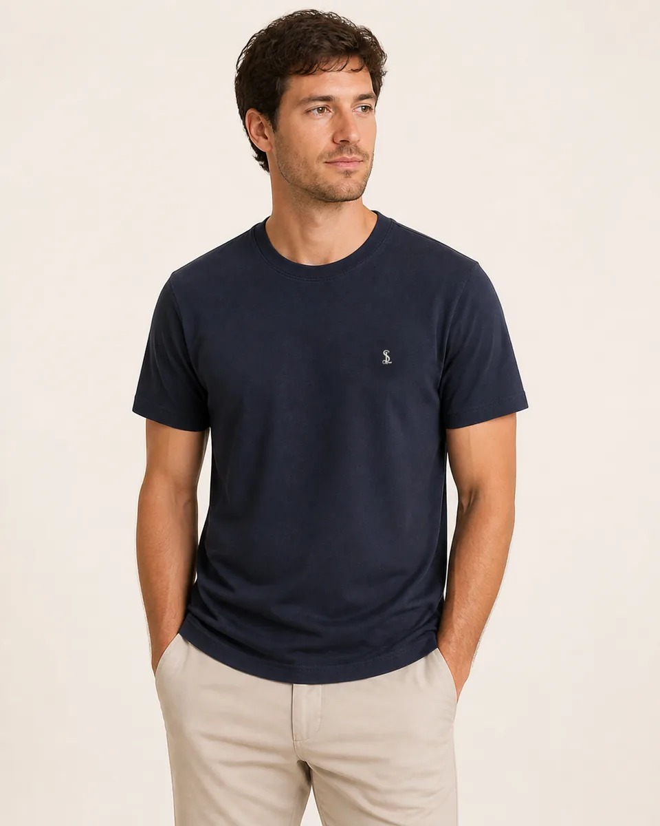 Navy Crewneck Tee, on model studio