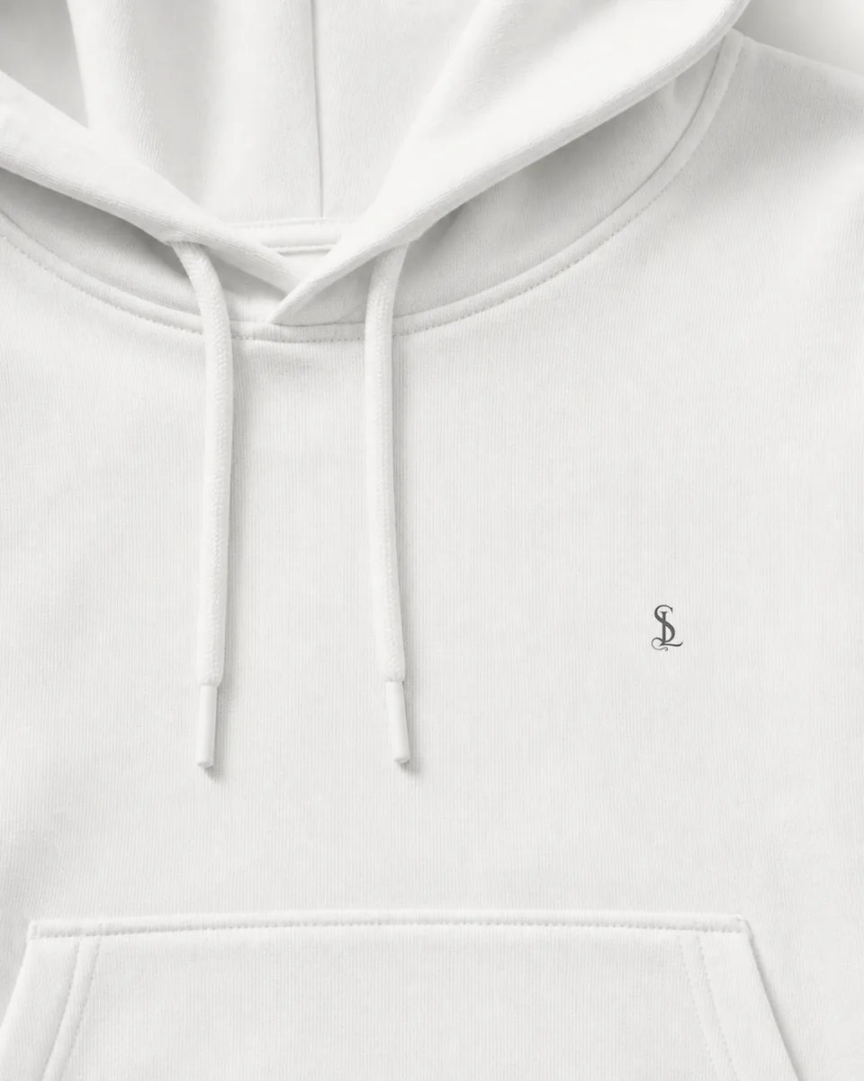 White Pullover Hoodie, detail hood pocket monogram